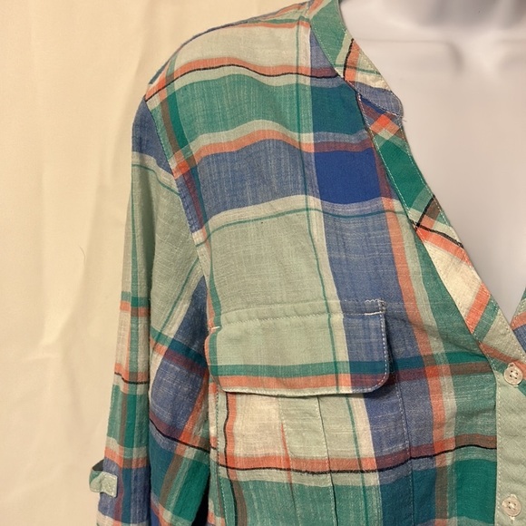 Columbia Women’s Size Large Plaid Long Sleeve Button Front Cotton Top Blouse - Picture 3 of 8